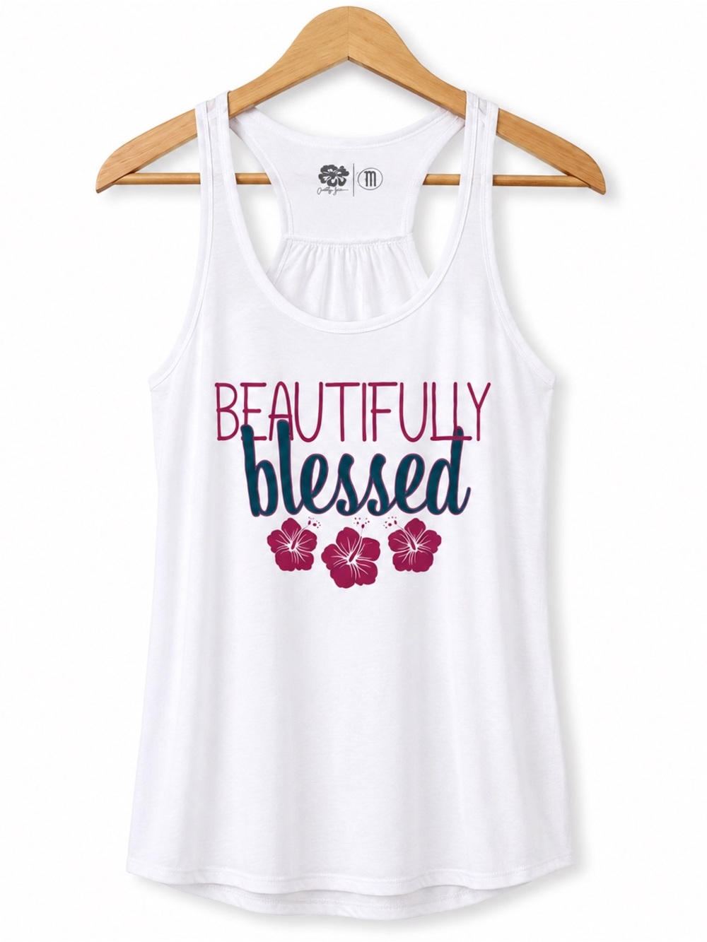 Beautifully Blessed Women’s White Racerback Tank Top Hibiscus Size S